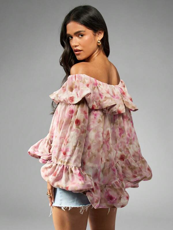 Missguided MISSGUIDED Floral Chiffon Off Shoulder Blouse With Ruffles And Peplum