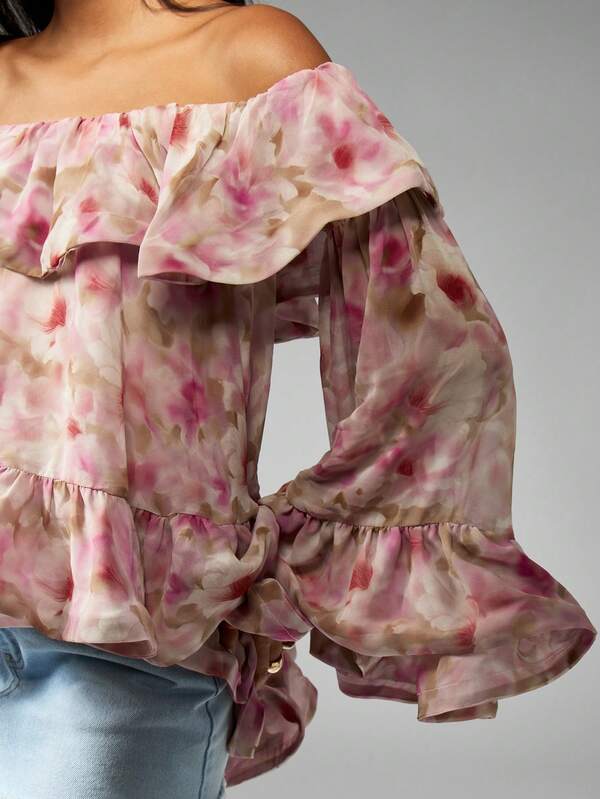 Missguided MISSGUIDED Floral Chiffon Off Shoulder Blouse With Ruffles And Peplum