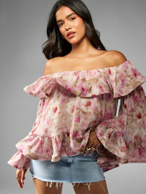 missguided MISSGUIDED Floral Chiffon Off Shoulder Blouse With Ruffles And Peplum