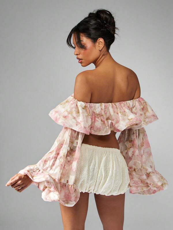 Missguided MISSGUIDED Floral Chiffon Off Shoulder Ruffle Top With Puff Sleeves