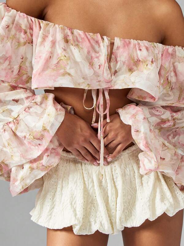 Missguided MISSGUIDED Floral Chiffon Off Shoulder Ruffle Top With Puff Sleeves