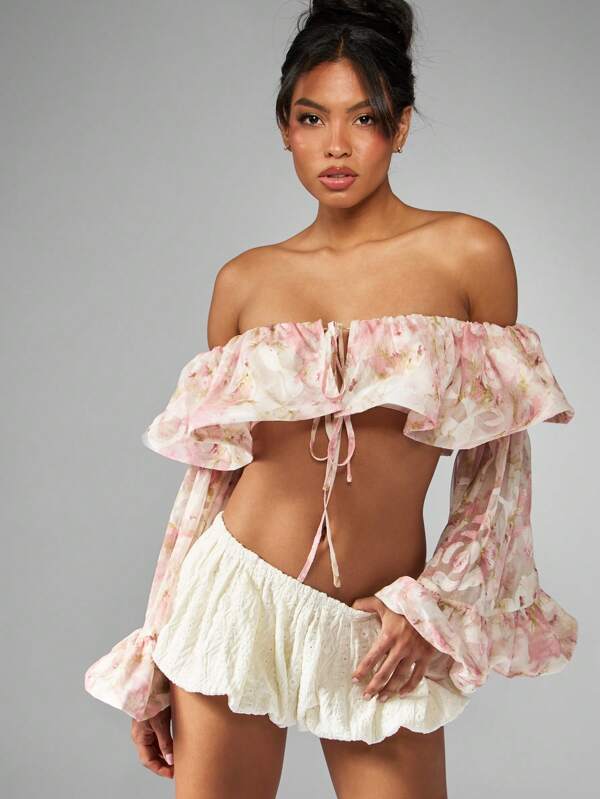 missguided MISSGUIDED Floral Chiffon Off Shoulder Ruffle Top With Puff Sleeves