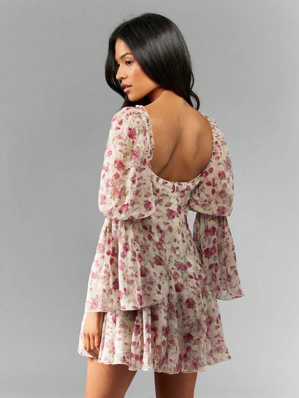 Missguided MISSGUIDED Floral Chiffon Puff Sleeve Sweetheart Neckline Empire Waist Mini Dresses