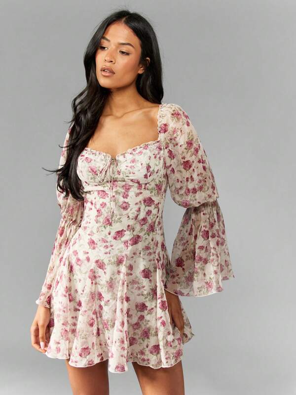 missguided MISSGUIDED Floral Chiffon Puff Sleeve Sweetheart Neckline Empire Waist Mini Dresses