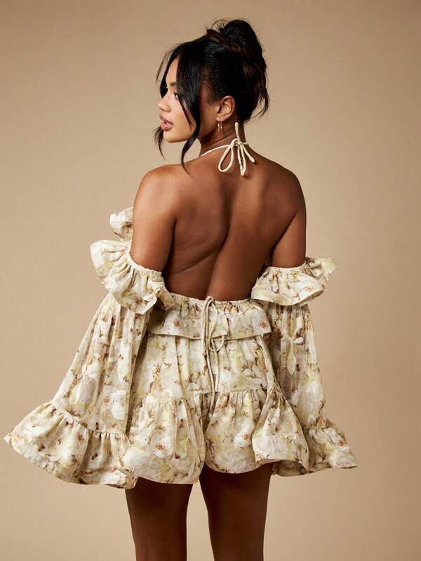 Missguided MISSGUIDED Floral Chiffon Ruffle Crop Top Bell Sleeve Halter Blouse