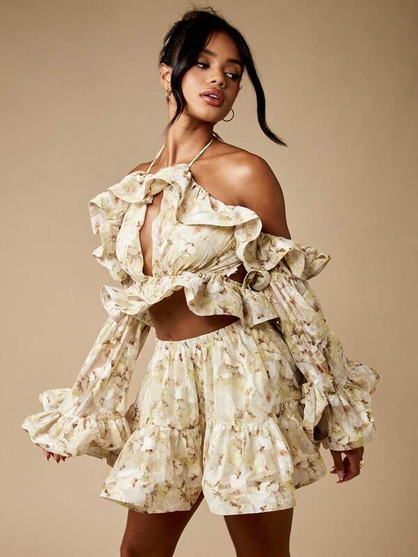 Missguided MISSGUIDED Floral Chiffon Ruffle Crop Top Bell Sleeve Halter Blouse