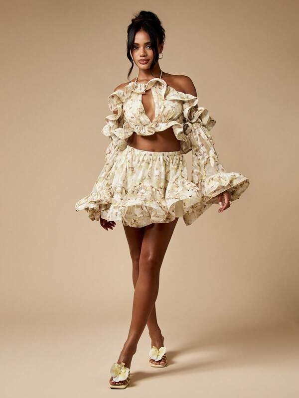 Missguided MISSGUIDED Floral Chiffon Ruffle Crop Top Bell Sleeve Halter Blouse