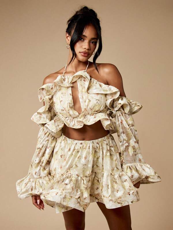 missguided MISSGUIDED Floral Chiffon Ruffle Crop Top Bell Sleeve Halter Blouse