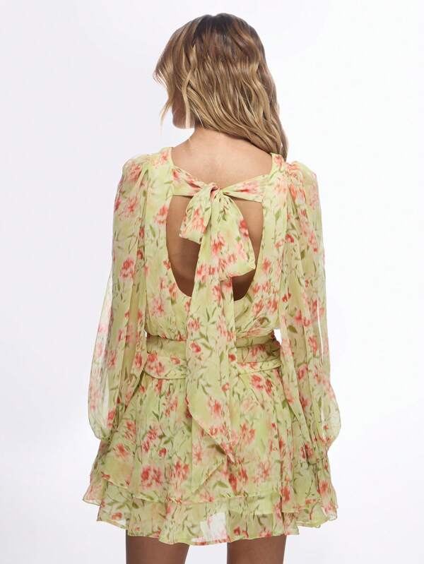 Missguided MISSGUIDED Floral Chiffon Ruffle Long Sleeve Mini Dress With Bow Back Design