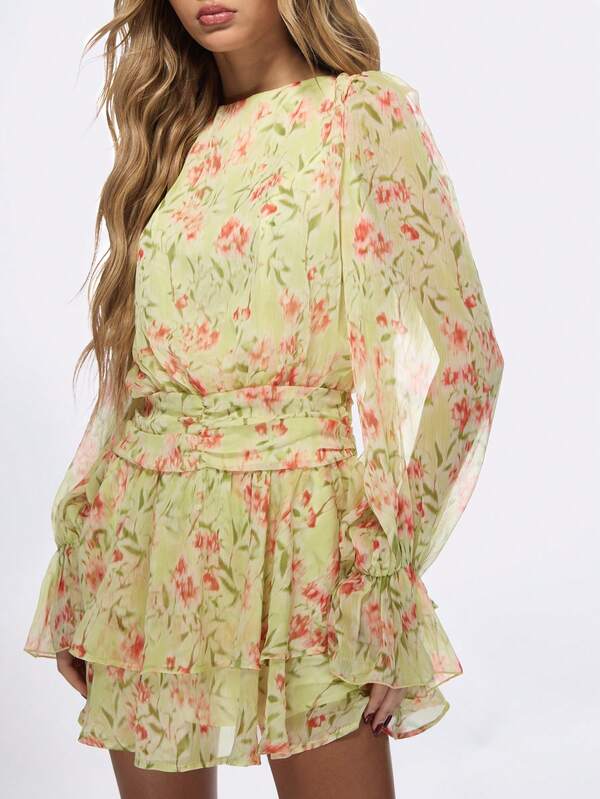 Missguided MISSGUIDED Floral Chiffon Ruffle Long Sleeve Mini Dress With Bow Back Design