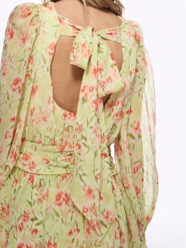 Missguided MISSGUIDED Floral Chiffon Ruffle Long Sleeve Mini Dress With Bow Back Design
