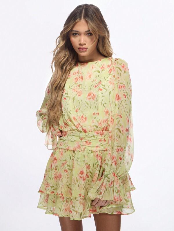 missguided MISSGUIDED Floral Chiffon Ruffle Long Sleeve Mini Dress With Bow Back Design