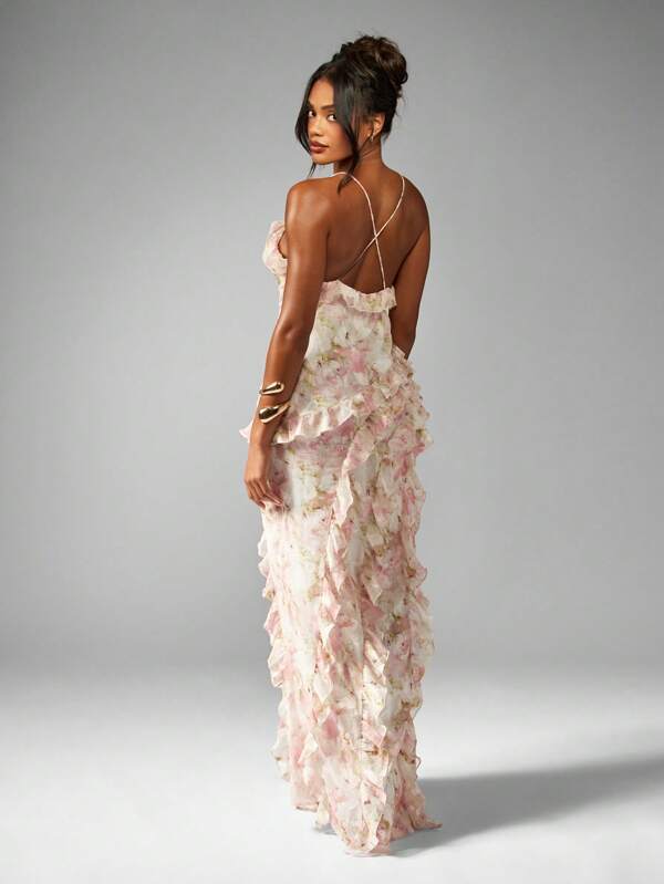 Missguided MISSGUIDED Floral Chiffon Ruffle Maxi Dress Side Cascade Floor Length
