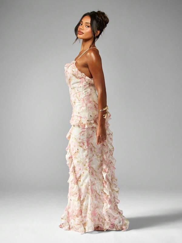 Missguided MISSGUIDED Floral Chiffon Ruffle Maxi Dress Side Cascade Floor Length