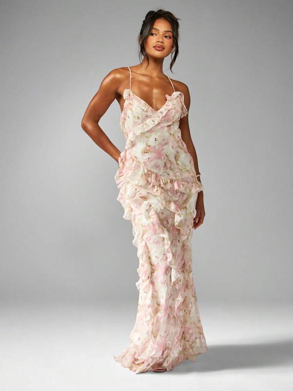 missguided MISSGUIDED Floral Chiffon Ruffle Maxi Dress Side Cascade Floor Length