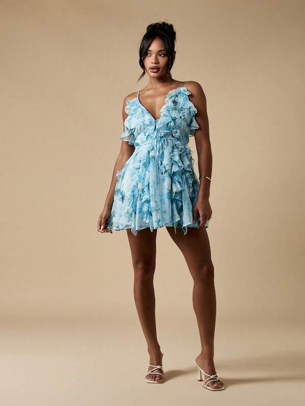 Missguided MISSGUIDED Floral Chiffon Ruffle V Neck Cami Fit And Flare Mini Dress