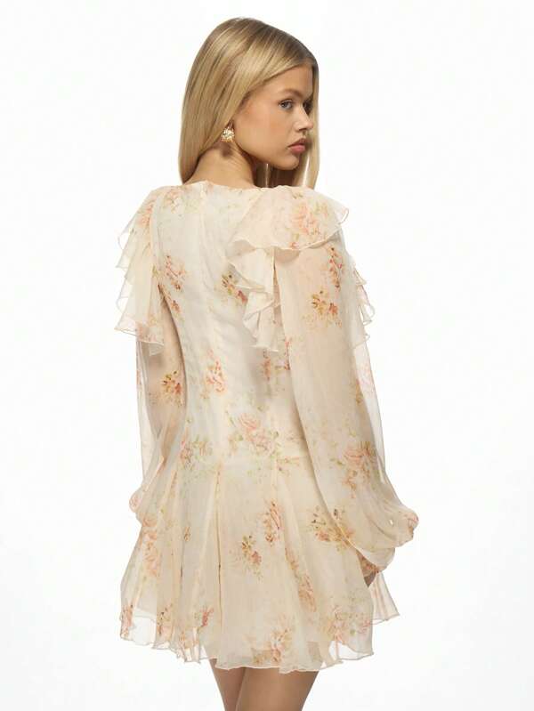 Missguided MISSGUIDED Floral Chiffon Sweetheart Neckline Ruffle Sleeve Mini Dress