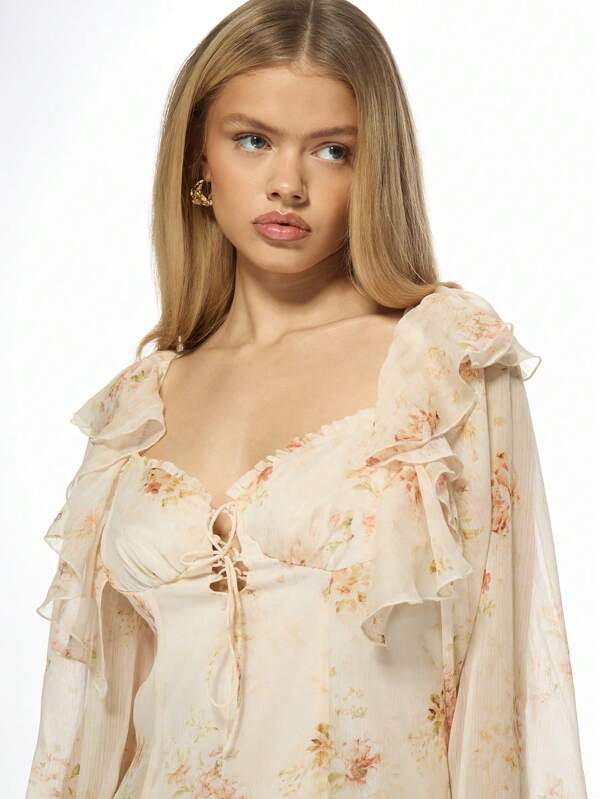 Missguided MISSGUIDED Floral Chiffon Sweetheart Neckline Ruffle Sleeve Mini Dress