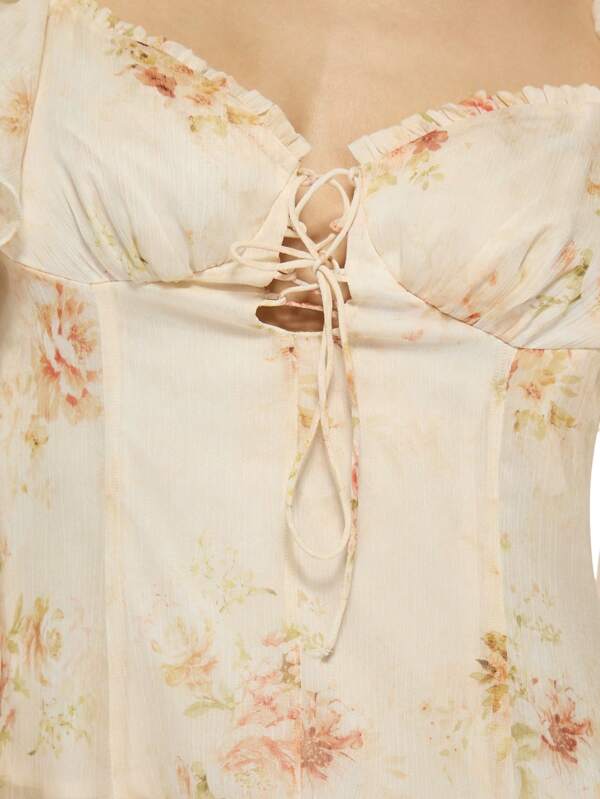 Missguided MISSGUIDED Floral Chiffon Sweetheart Neckline Ruffle Sleeve Mini Dress