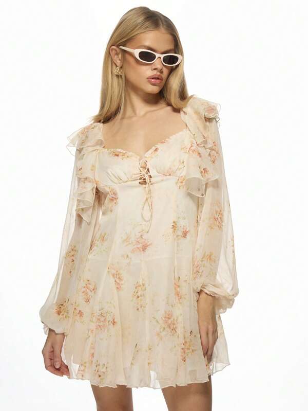 missguided MISSGUIDED Floral Chiffon Sweetheart Neckline Ruffle Sleeve Mini Dress