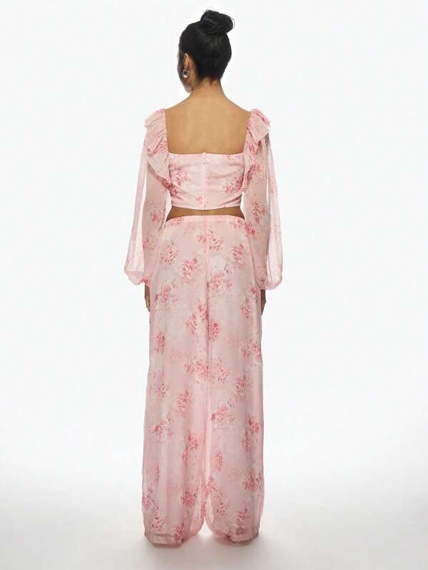 Missguided MISSGUIDED Floral Chiffon Two-Piece Ruffle Crop Top And Palazzo Pants