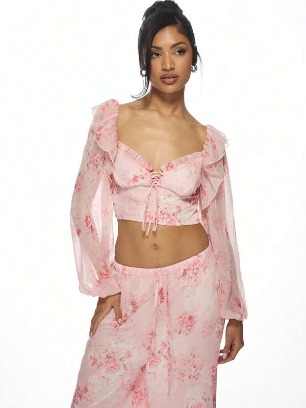 Missguided MISSGUIDED Floral Chiffon Two-Piece Ruffle Crop Top And Palazzo Pants