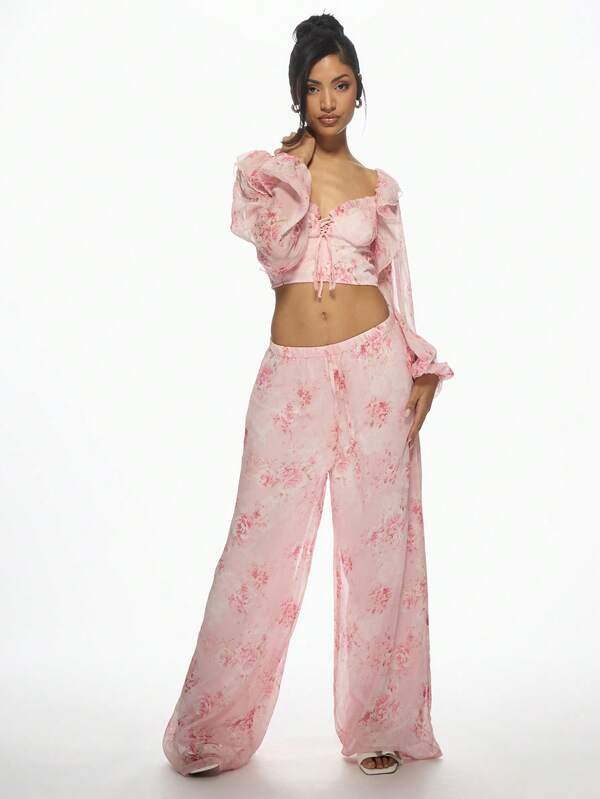 Missguided MISSGUIDED Floral Chiffon Two-Piece Ruffle Crop Top And Palazzo Pants