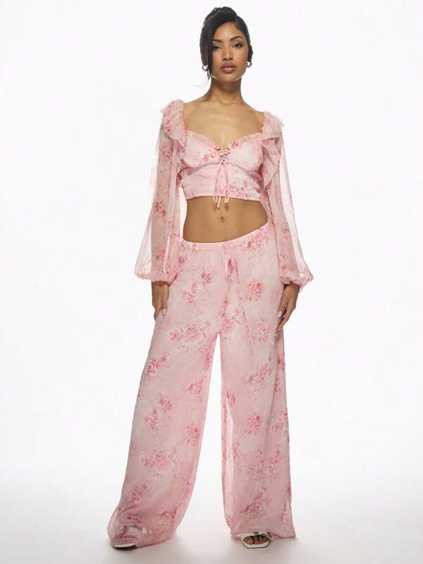missguided MISSGUIDED Floral Chiffon Two-Piece Ruffle Crop Top And Palazzo Pants