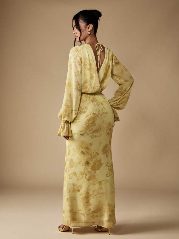 Missguided MISSGUIDED Floral Cowl Neck Maxi Dress With Blouson Sleeves