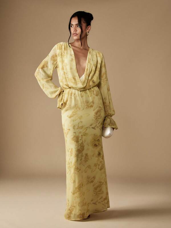 missguided MISSGUIDED Floral Cowl Neck Maxi Dress With Blouson Sleeves