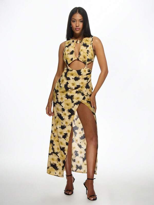 missguided MISSGUIDED Floral Cut-Out Maxi Dress With Side Slit