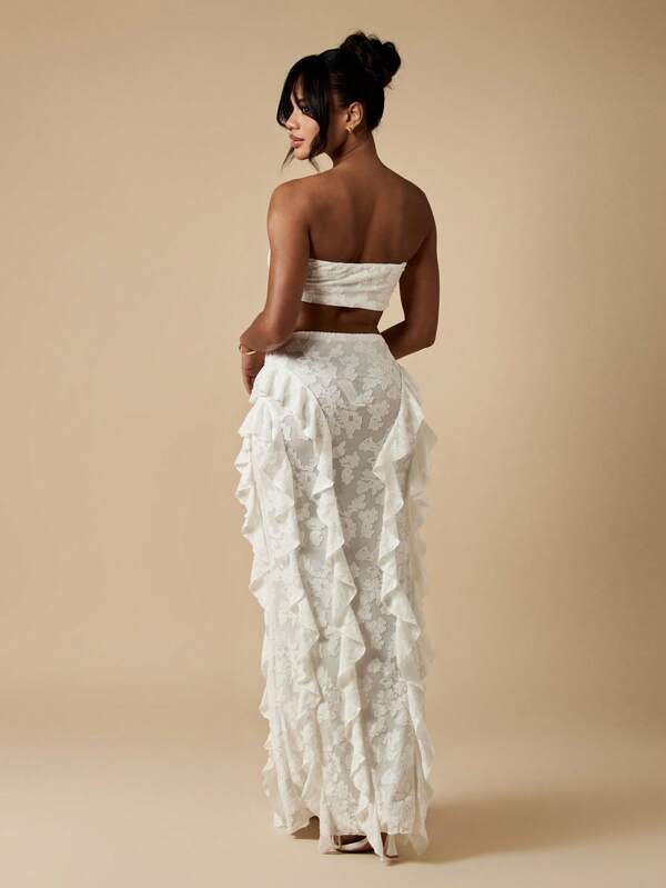 Missguided MISSGUIDED Floral Devore Bandeau Ruffle Maxi Skirt Two-Piece Outfit