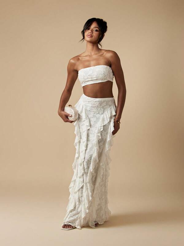 Missguided MISSGUIDED Floral Devore Bandeau Ruffle Maxi Skirt Two-Piece Outfit