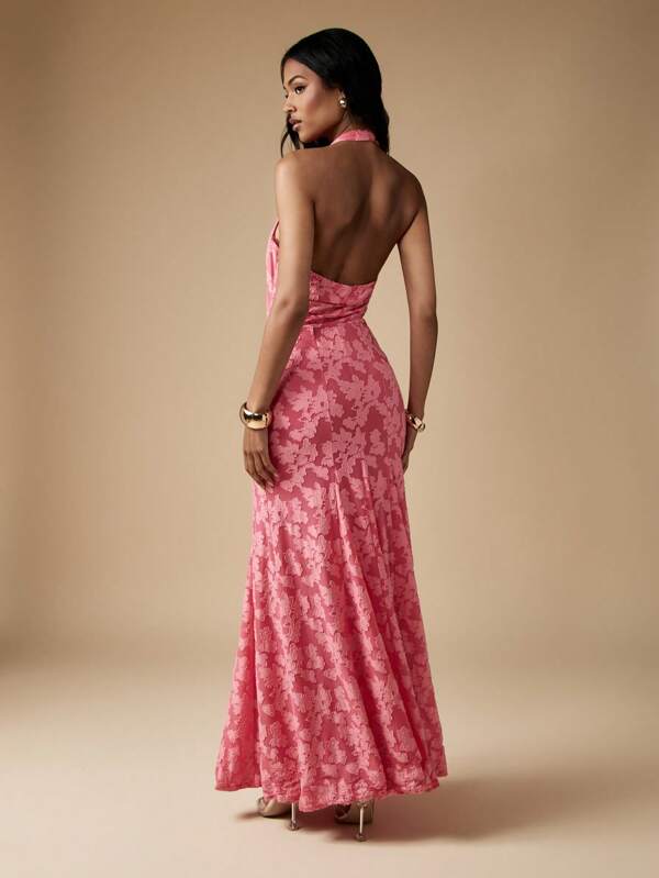 Missguided MISSGUIDED Floral Devore Halter Neck Cut-Out Flowy Maxi Dress