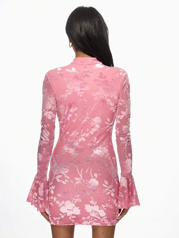 Missguided MISSGUIDED Floral Devore Velvet Bodycon Mini Dress Bell Sleeves Keyhole Cutout