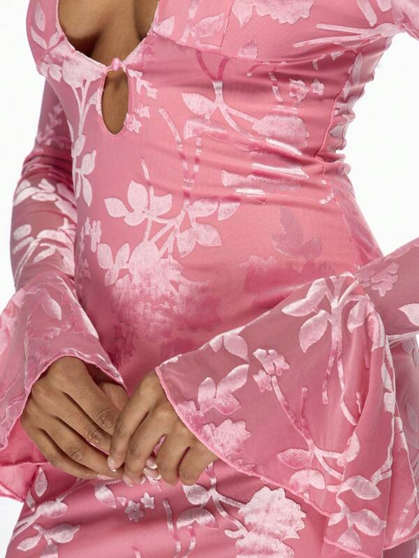 Missguided MISSGUIDED Floral Devore Velvet Bodycon Mini Dress Bell Sleeves Keyhole Cutout