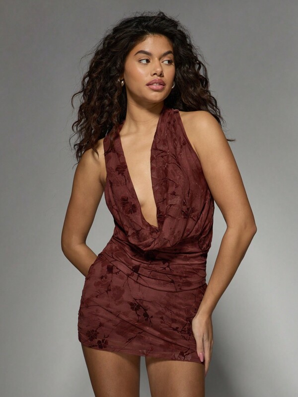 missguided MISSGUIDED Floral Devore Velvet Plunge Neck Ruched Halter Women Top