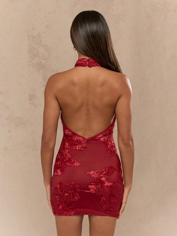 Missguided MISSGUIDED Floral Embroidered Halter Neck Mini Dress With Backless Design