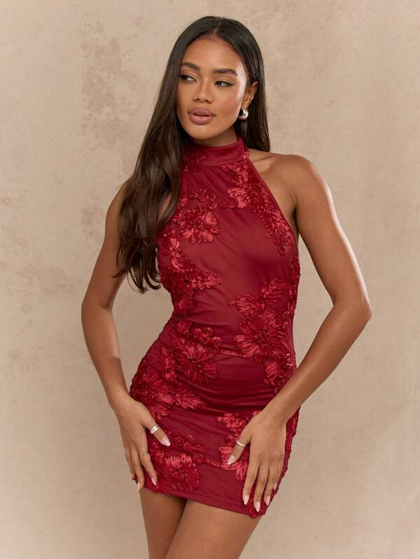 missguided MISSGUIDED Floral Embroidered Halter Neck Mini Dress With Backless Design