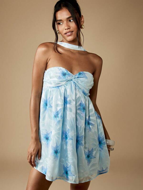 missguided MISSGUIDED Floral Empire Waist Mini Dress With Halter Neck
