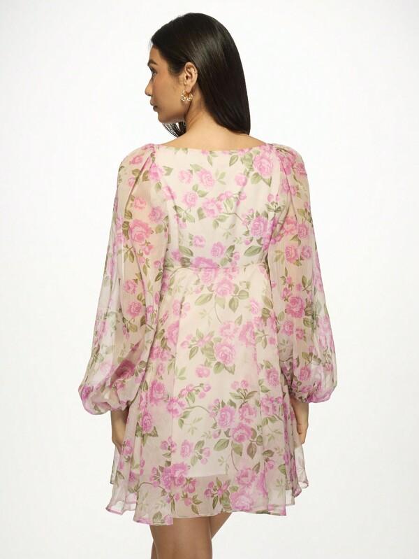 Missguided MISSGUIDED Floral Empire Waist Puff Sleeves Square Neck Mini Dress