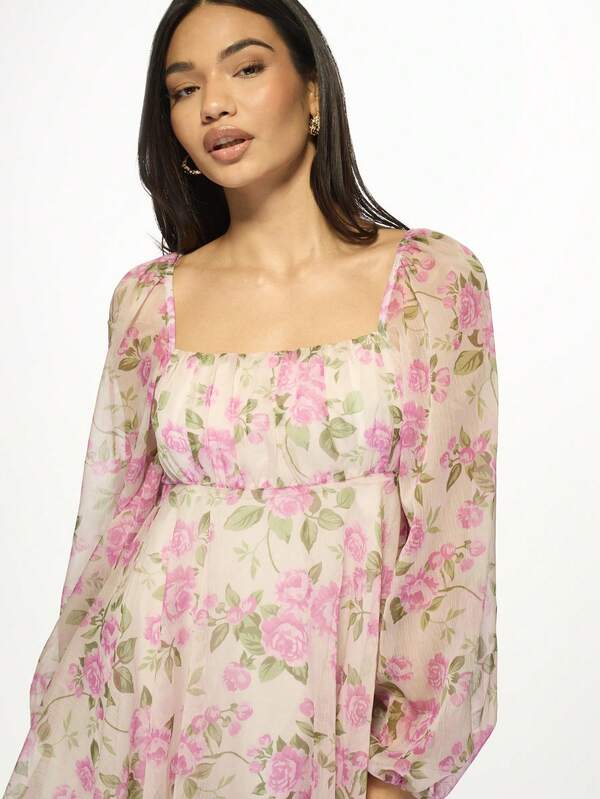 Missguided MISSGUIDED Floral Empire Waist Puff Sleeves Square Neck Mini Dress