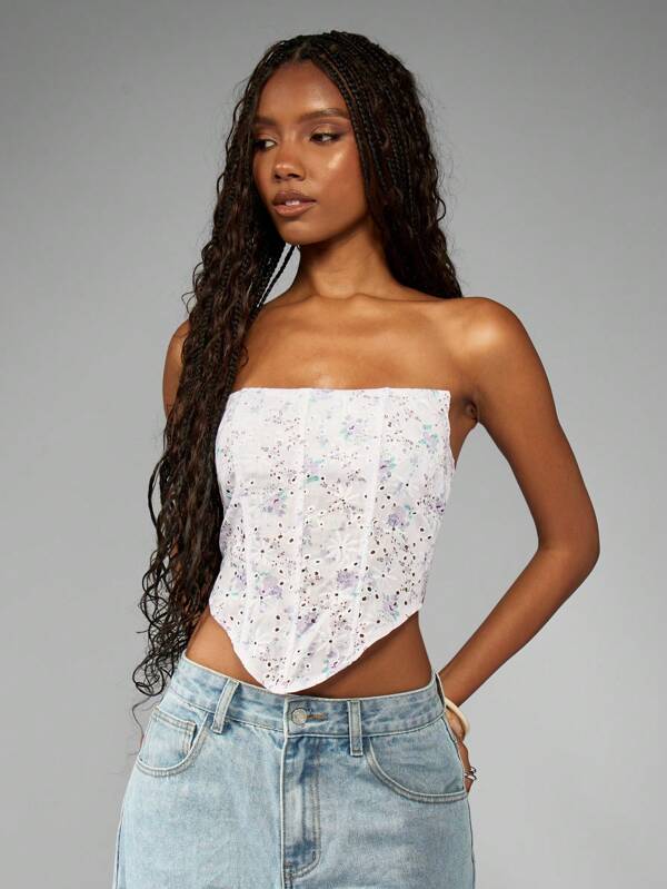 missguided MISSGUIDED Floral Eyelet Corset Crop Top