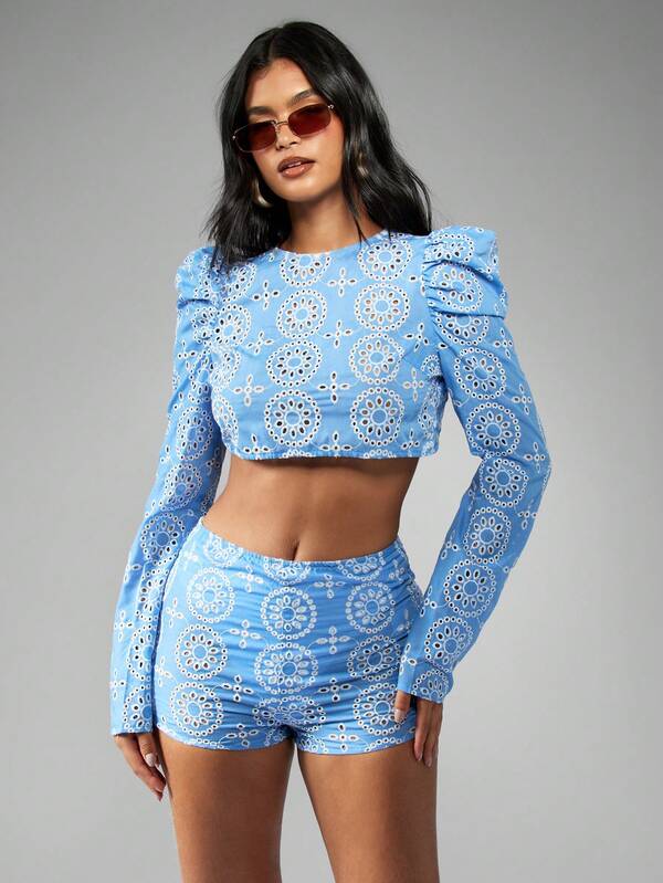Missguided MISSGUIDED Floral Eyelet Puff Sleeve Crop Top Shorts Set