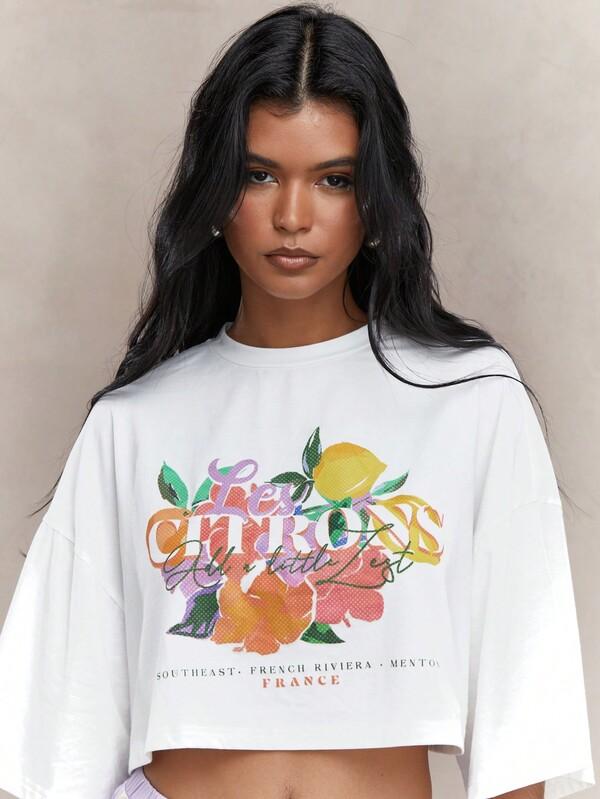 Missguided MISSGUIDED Floral Fruit Print Dropped Shoulder Loose Fit Crop T-Shirt