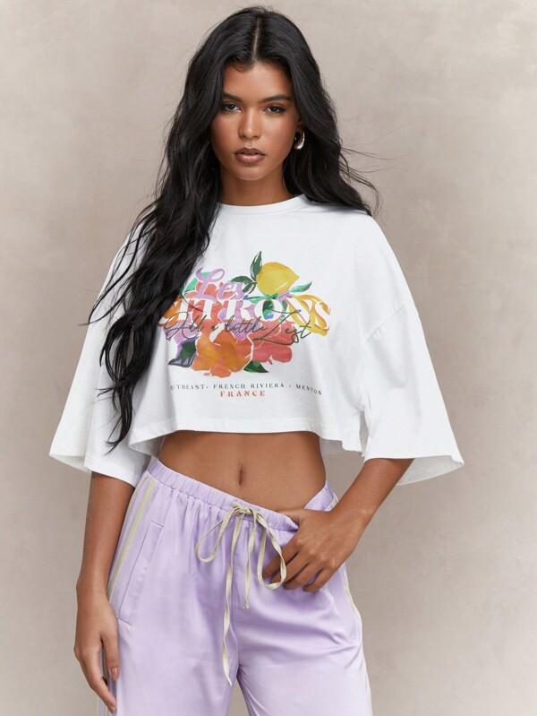 missguided MISSGUIDED Floral Fruit Print Dropped Shoulder Loose Fit Crop T-Shirt
