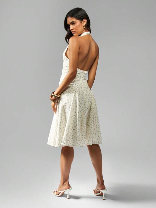 Missguided MISSGUIDED Floral Halter Midi Dress With Button Front Detail