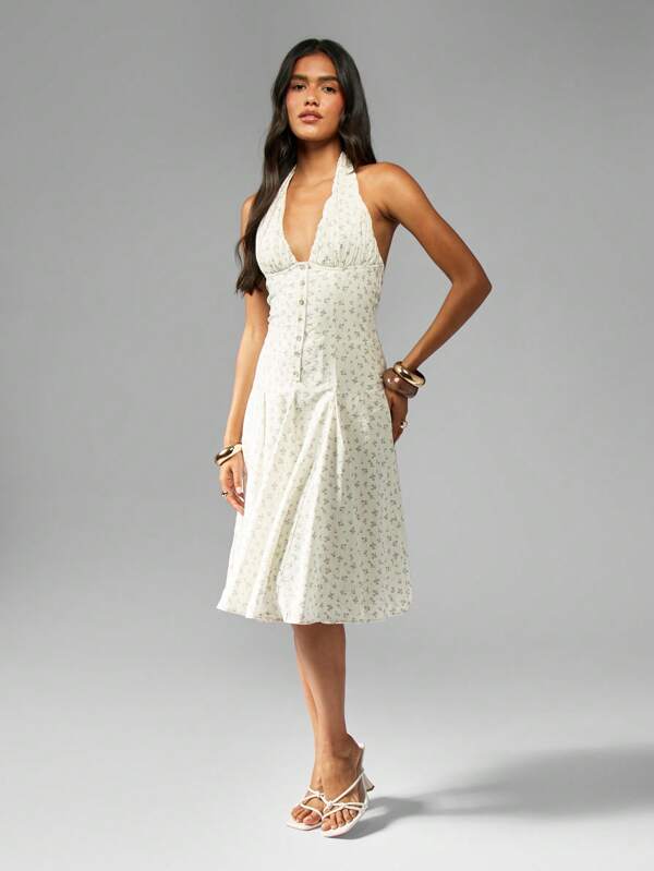 missguided MISSGUIDED Floral Halter Midi Dress With Button Front Detail