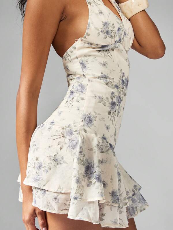 Missguided MISSGUIDED Floral Halter Mini Dress With Tiered Ruffles