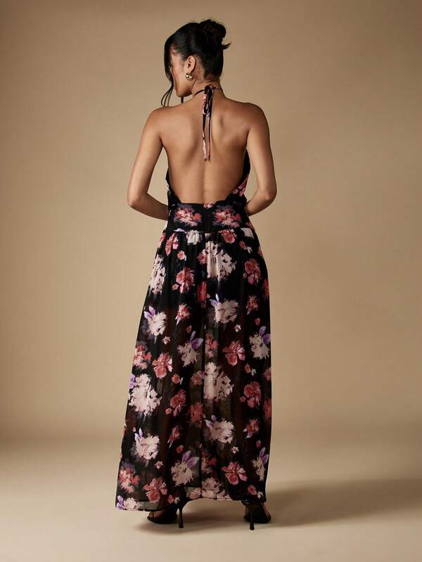 Missguided MISSGUIDED Floral Halter Neck Maxi Dress With Side Slit
